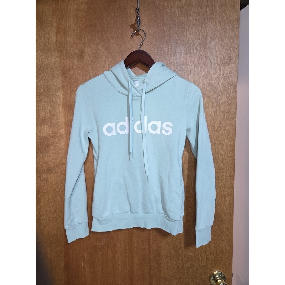 Adidas W XS Hoodie Sweatshirt Mint Green White Spell Out Logo Fleece Pullover